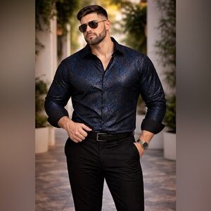 Albertini Metallic Blue Pattern Modal Stretch Dress Shirt NWT Luxury Club Style